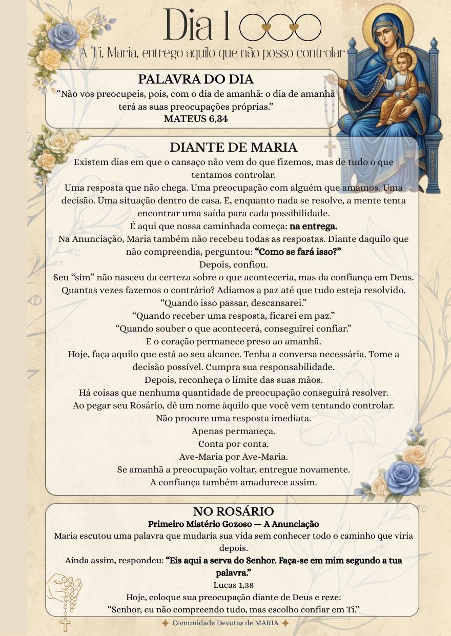 Página do Dia 1 com Palavra do Dia, Diante de Maria e No Rosário
