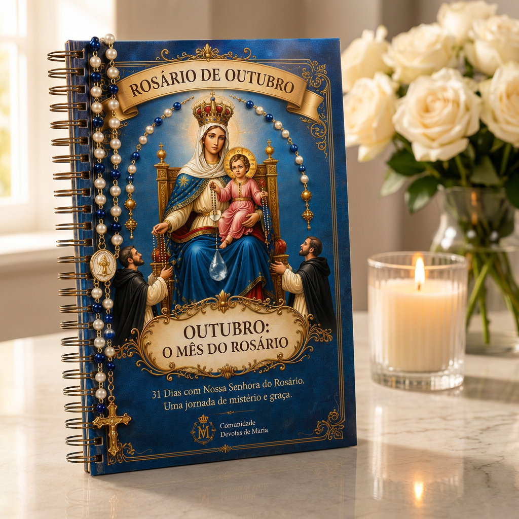 Versão física do Rosário de Outubro: livro impresso em espiral com terço de pérolas