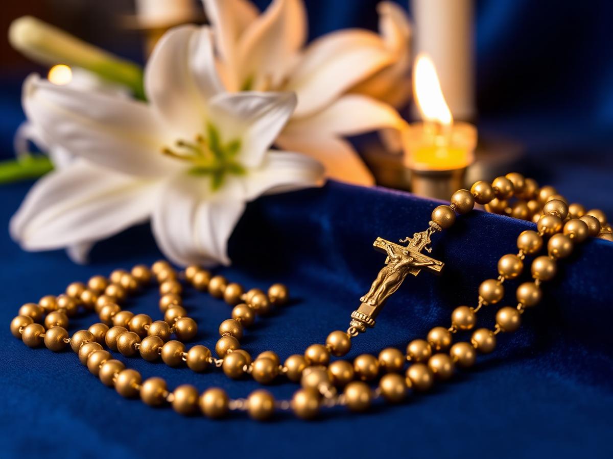 Terço dourado sobre manto azul de Nossa Senhora do Rosário com lírios brancos